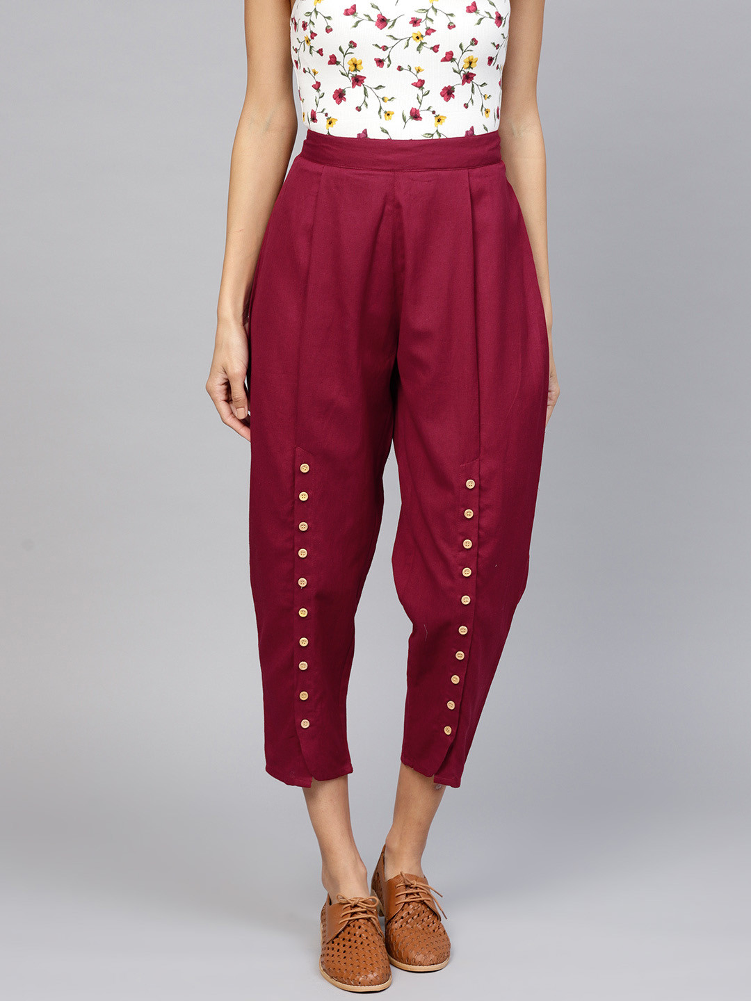 

Libas Women Maroon Straight Fit Solid Cropped Trousers