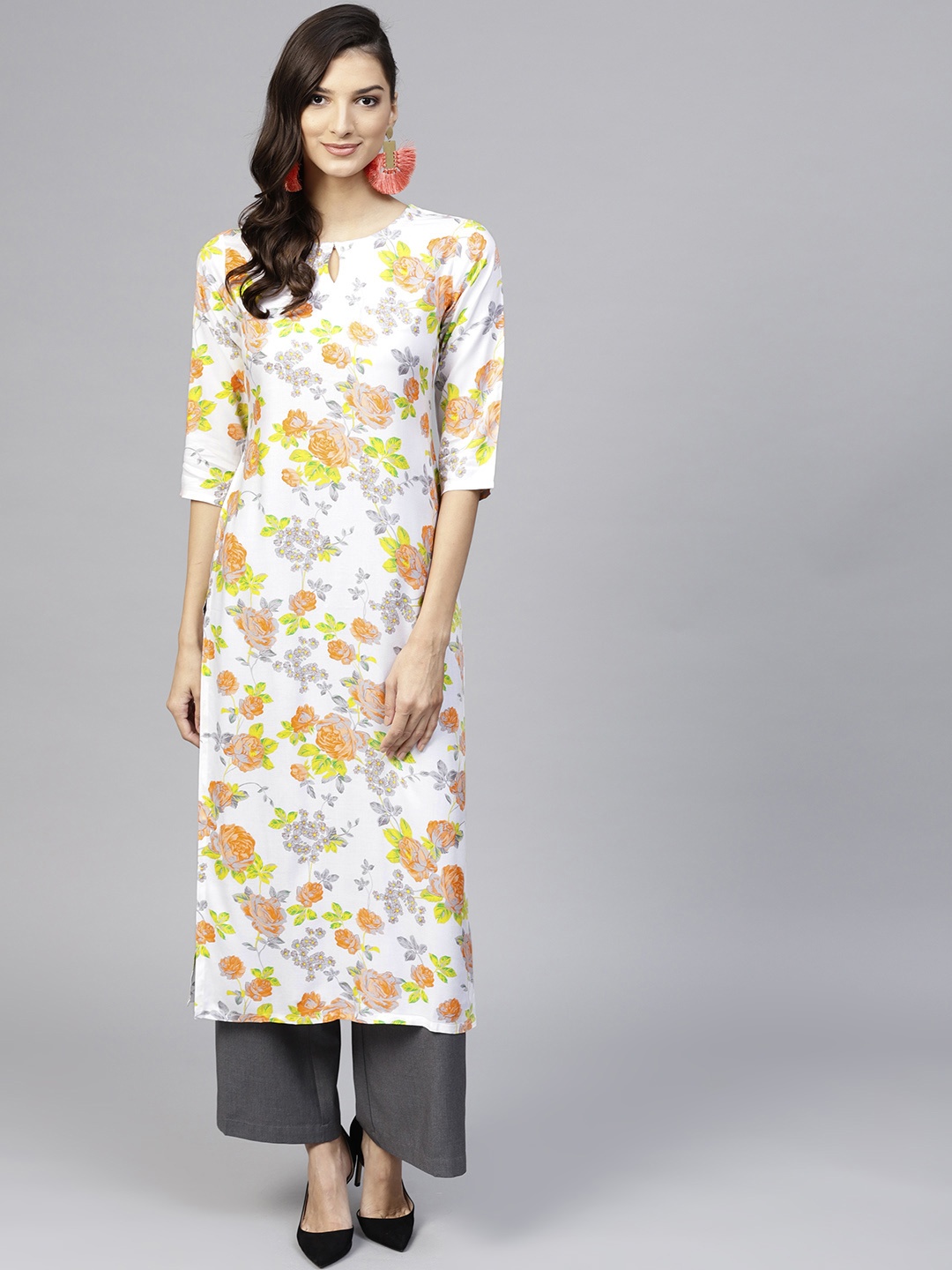 

Libas Women White & Orange Floral Print Straight Kurta
