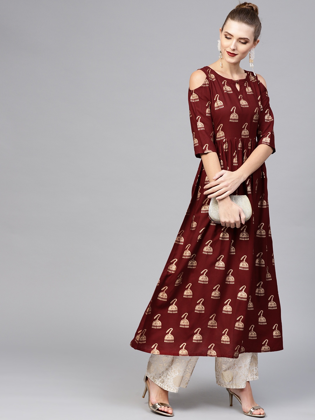 

Libas Women Maroon & Golden Block Printed A-Line Kurta