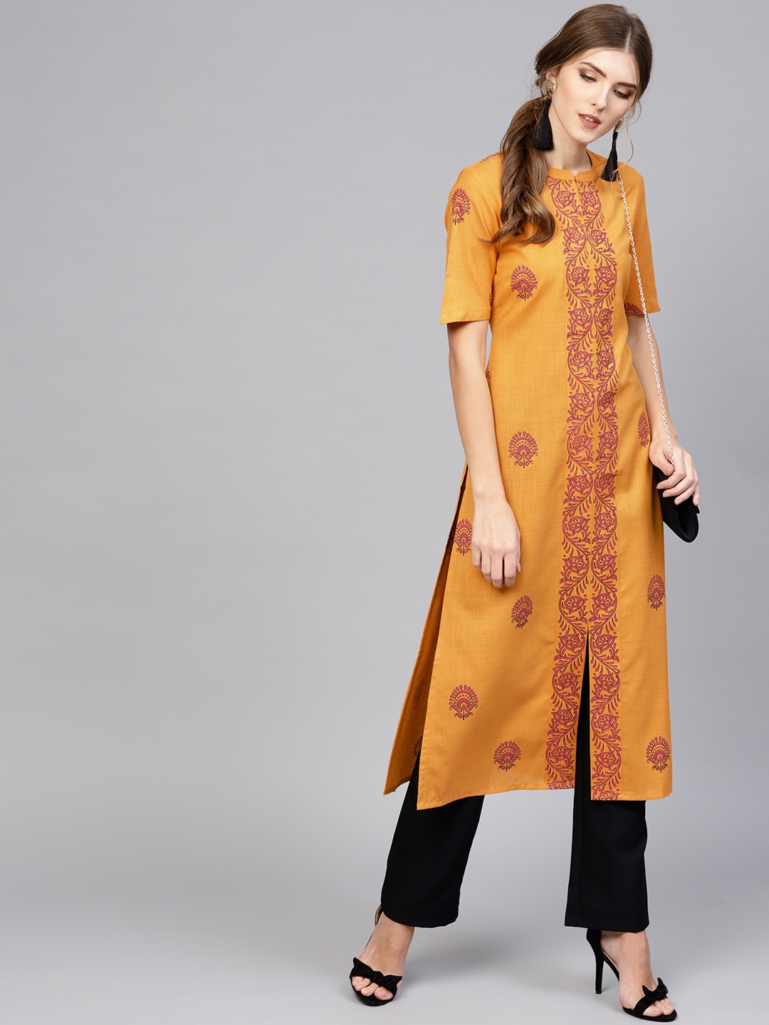 

Libas Women Mustard Yellow Printed Straight Kurta