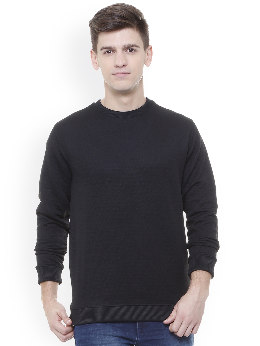 

V Dot Men Black Self Design Sweatshirt