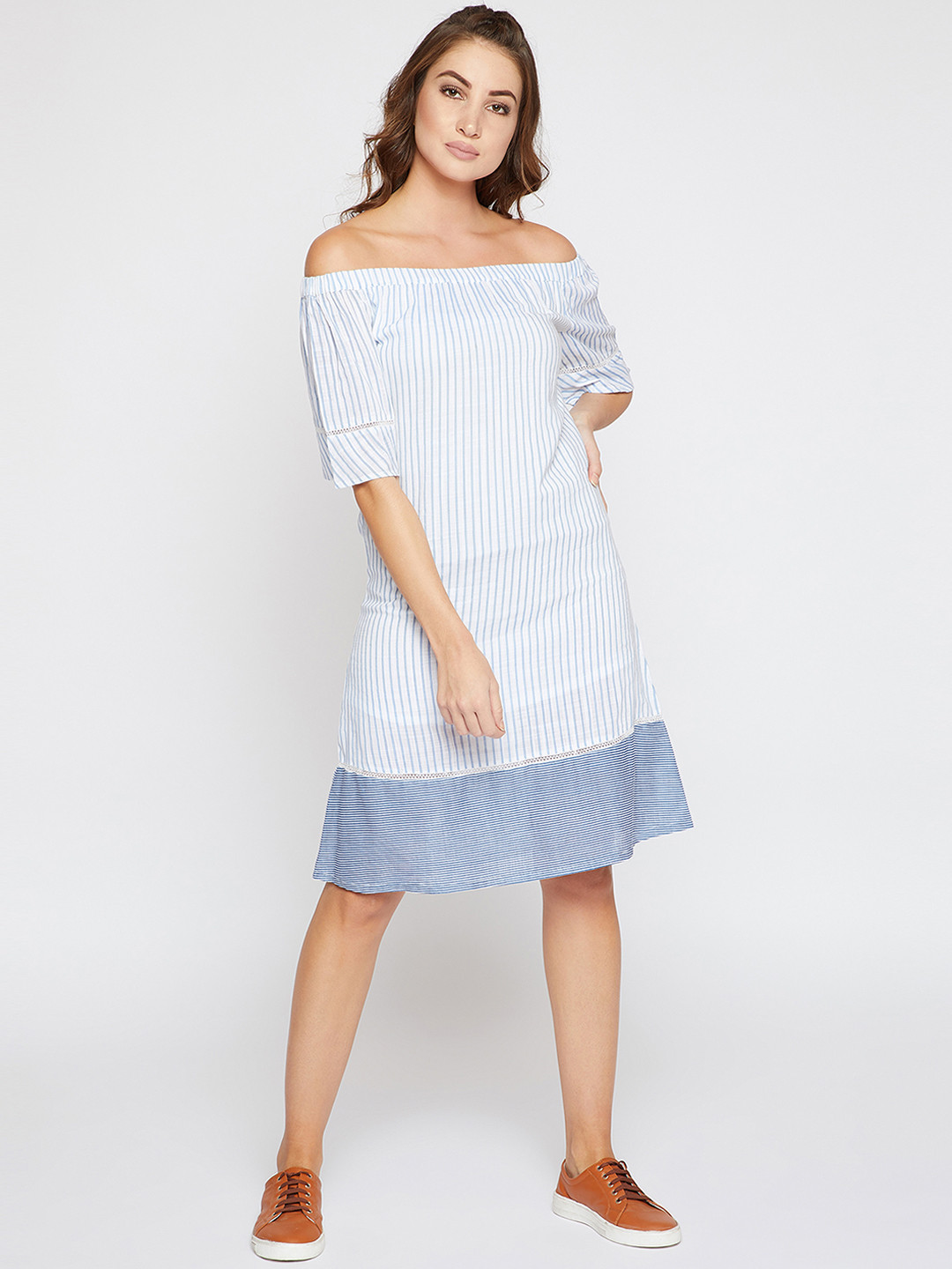 

Marie Claire Women Off-White Striped Drop-Waist Dress