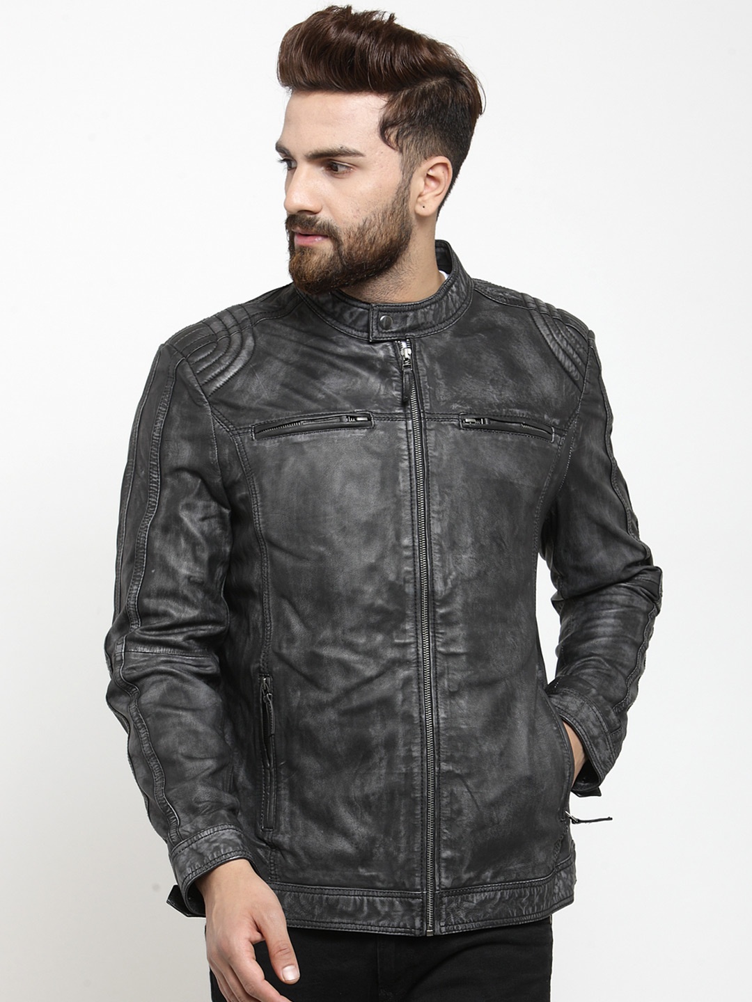 

Teakwood Leathers Men Charcoal Grey Solid Leather Biker Jacket