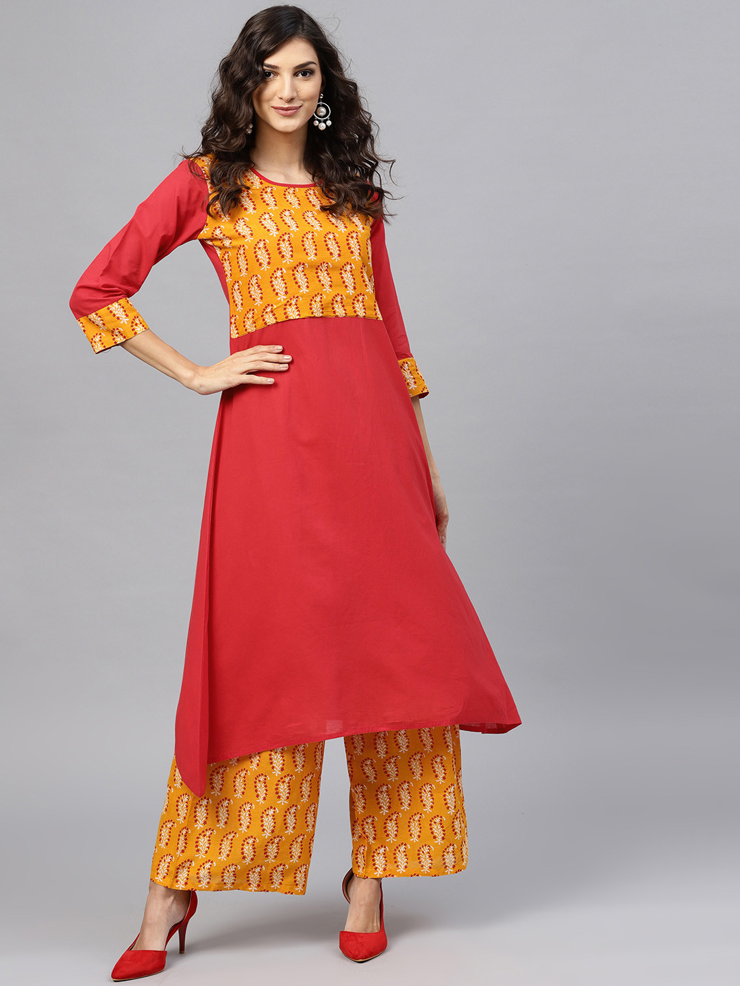

Nayo Women Red & Mustard Yellow Printed Kurta with Palazzos