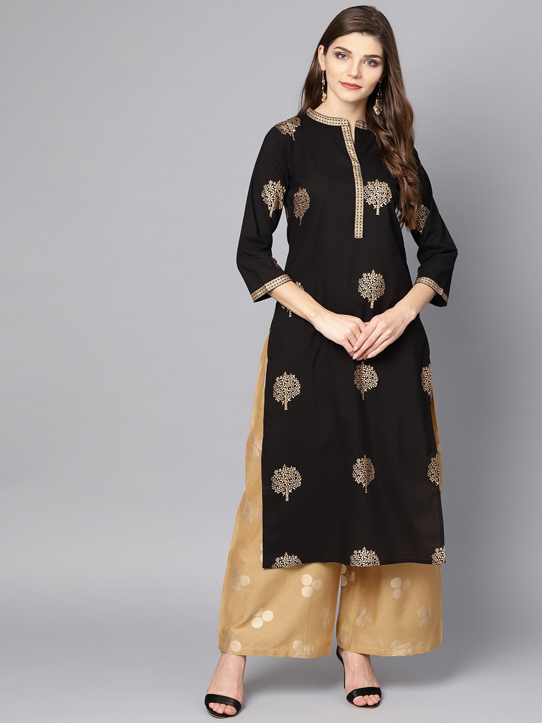 

Nayo Women Black & Beige Printed Kurta with Palazzos
