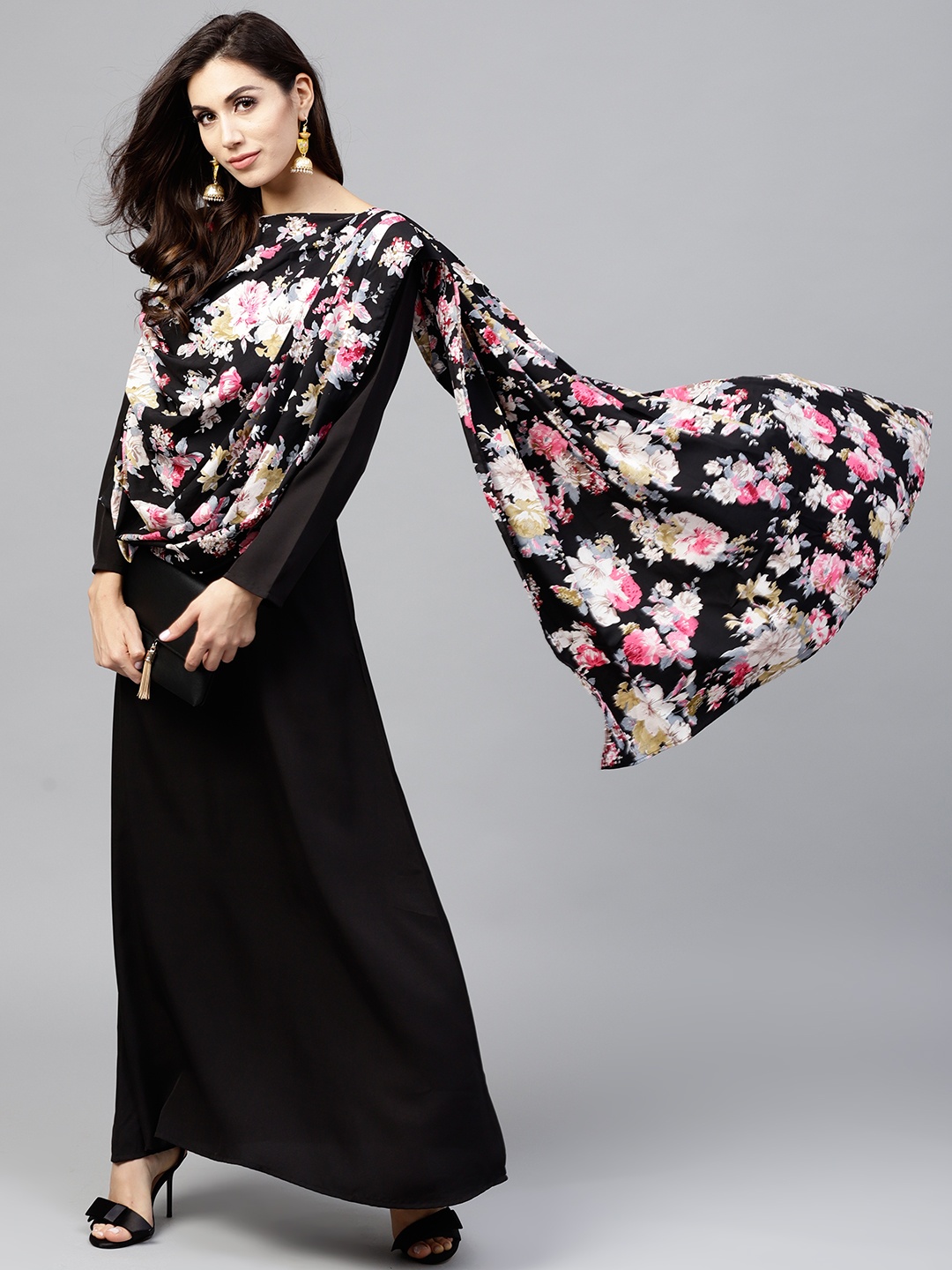 

Nayo Women Black Printed Draped Maxi Dress