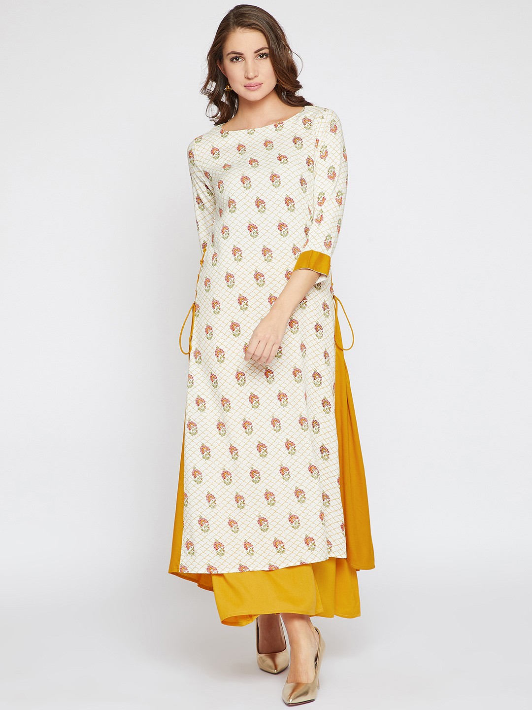 

RARE ROOTS Women Off-White & Yellow Printed A-Line Kurta