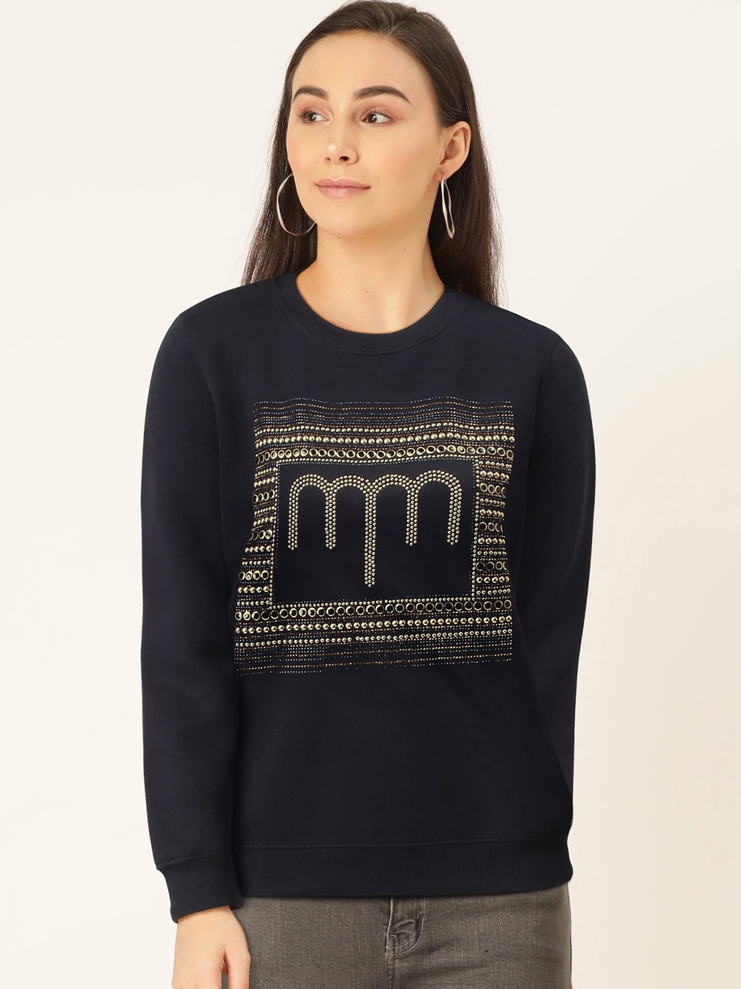 

Madame Women Navy Blue & Golden Embellished Sweatshirt
