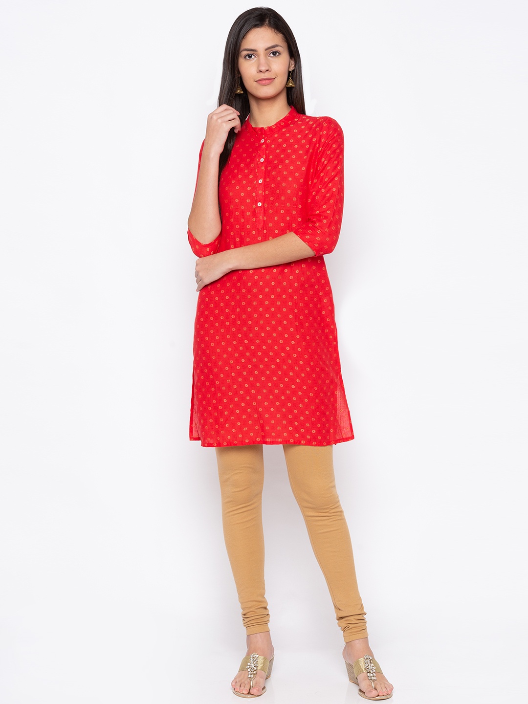 

Globus Women Red & Gold-Coloured Woven Design Straight Kurta