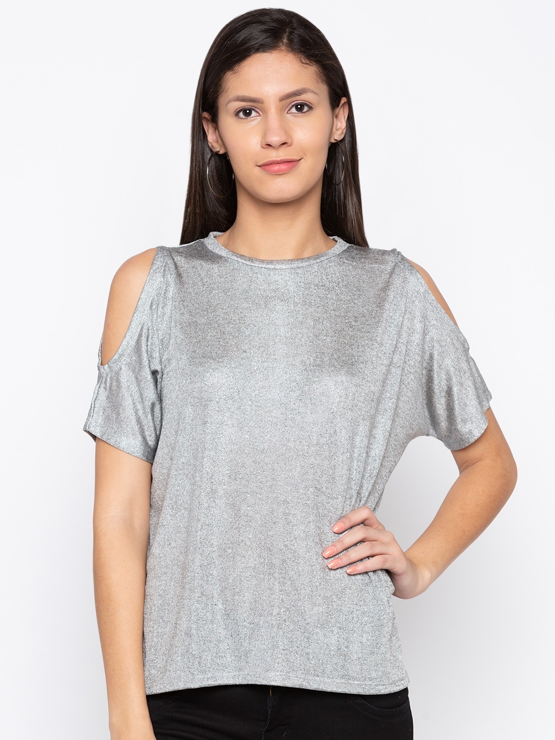 

Globus Silver-Toned Shimmery Cold Shoulder Top