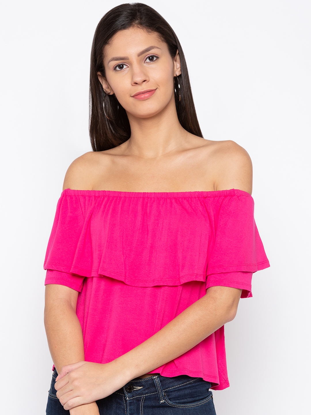 

Globus Women Pink Solid Off-Shoulder Top