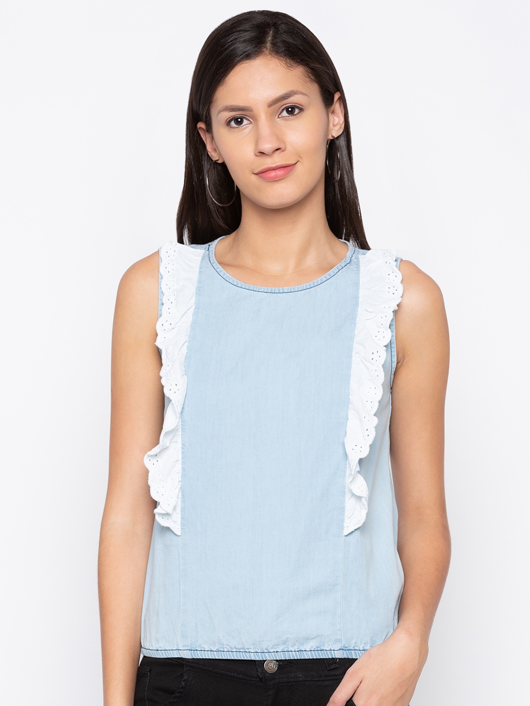 

Globus Women Blue Solid Blouson Pure Cotton Top