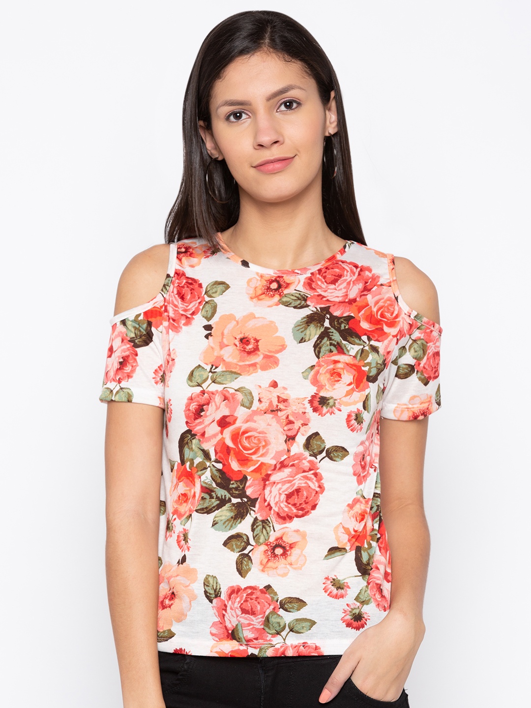 

Globus Women Cream-Coloured Printed Cold-Shoulder Top