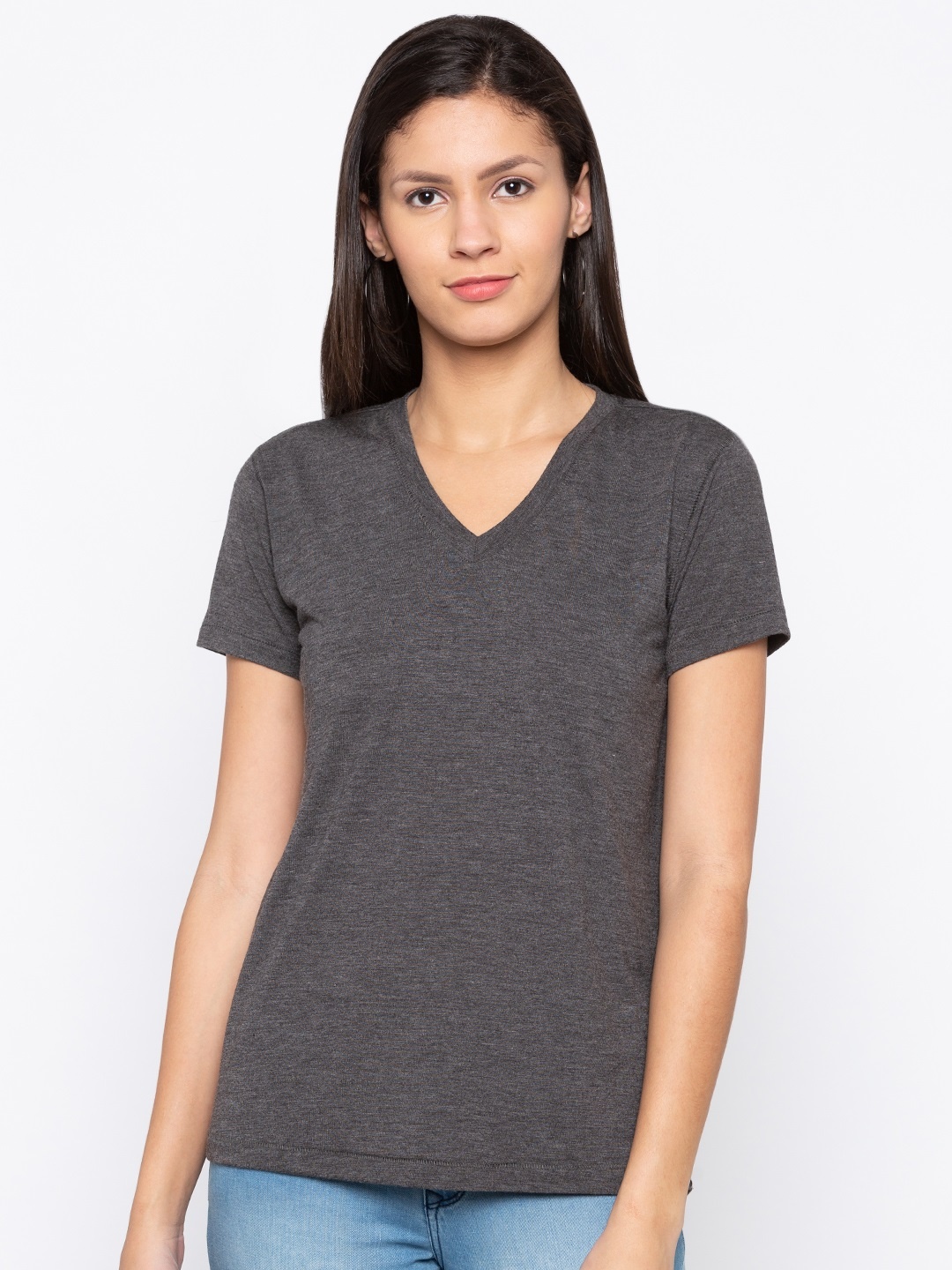 

Globus Women Grey Solid V-Neck T-shirt