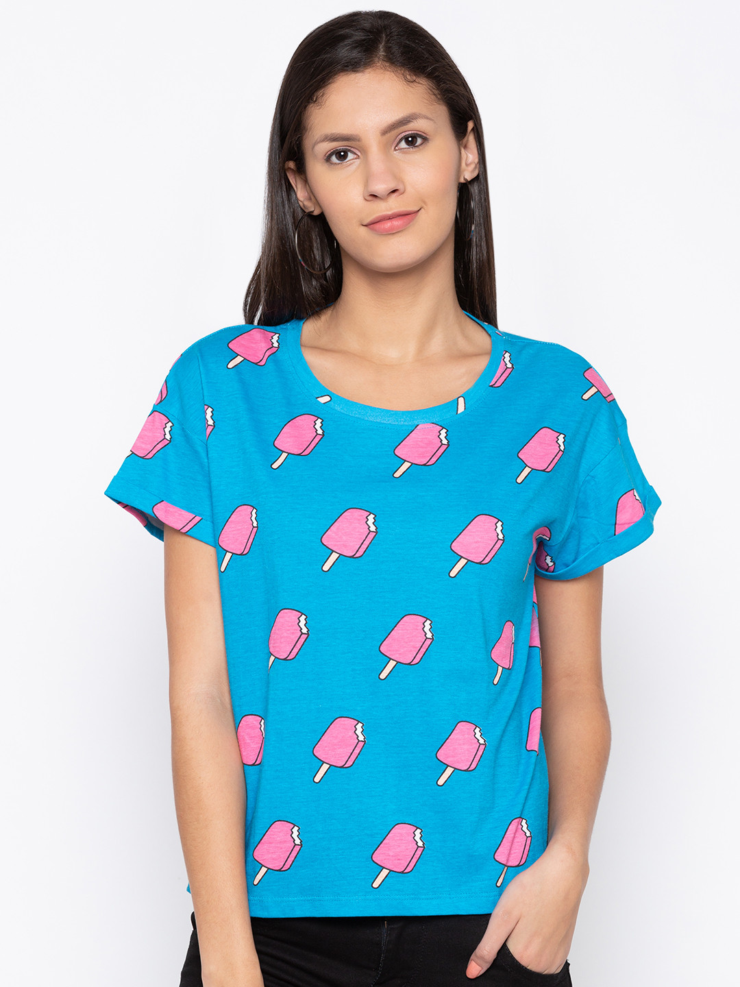 

Globus Women Blue Printed Round Neck T-shirt