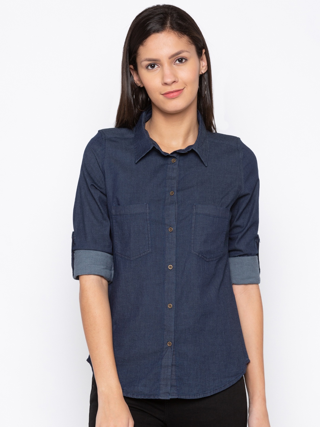 

Globus Women Navy Blue Regular Fit Solid Casual Shirt