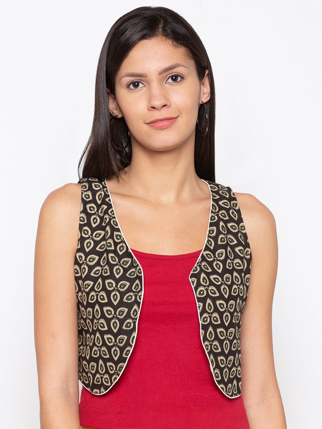 

Globus Black & Beige Printed Open Front Shrug