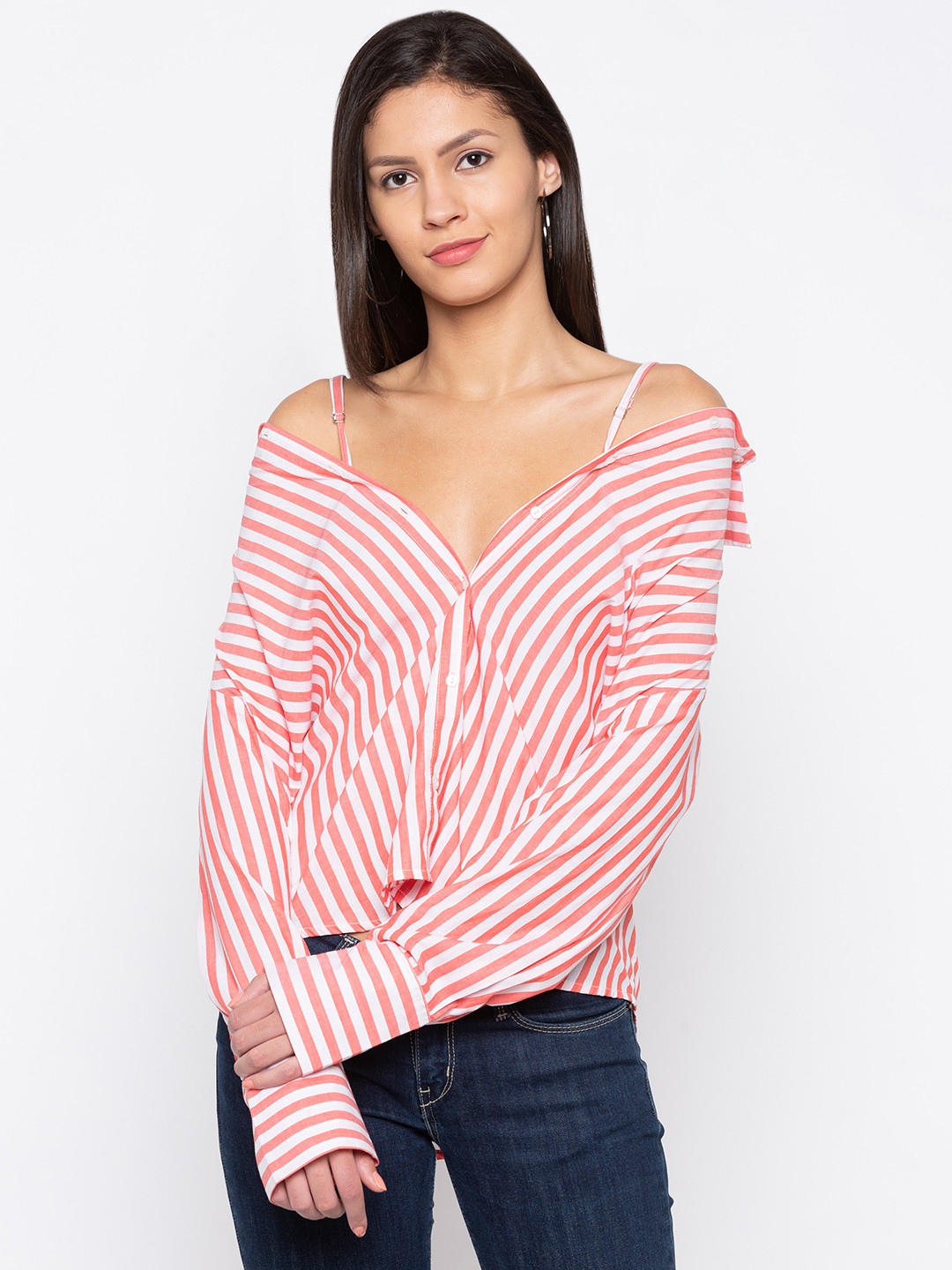 

Globus Women Peach-Coloured Striped Shirt Style Pure Cotton Top