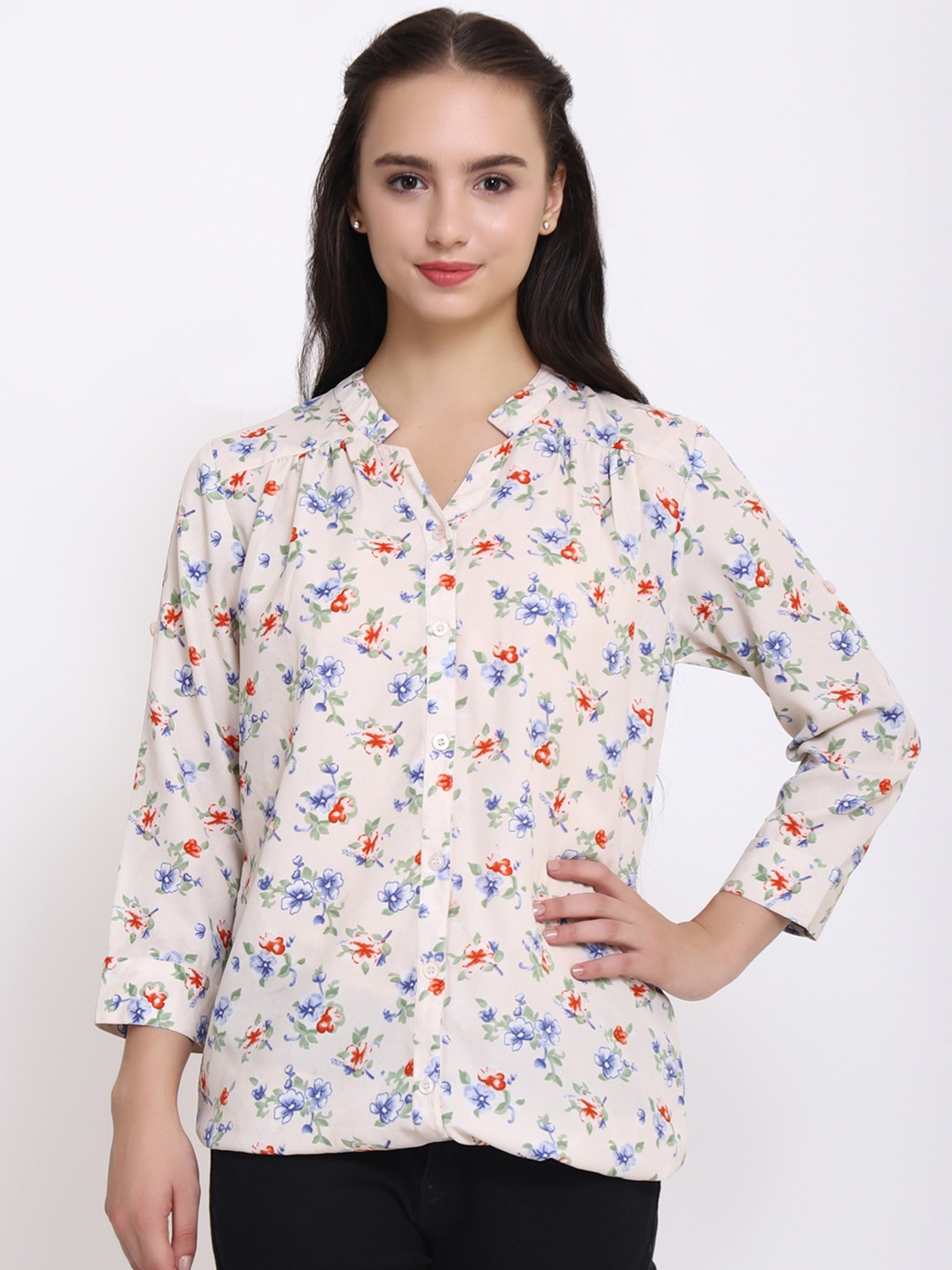 

PURYS Women Cream-Coloured & Blue Smart Regular Fit Printed Casual Shirt