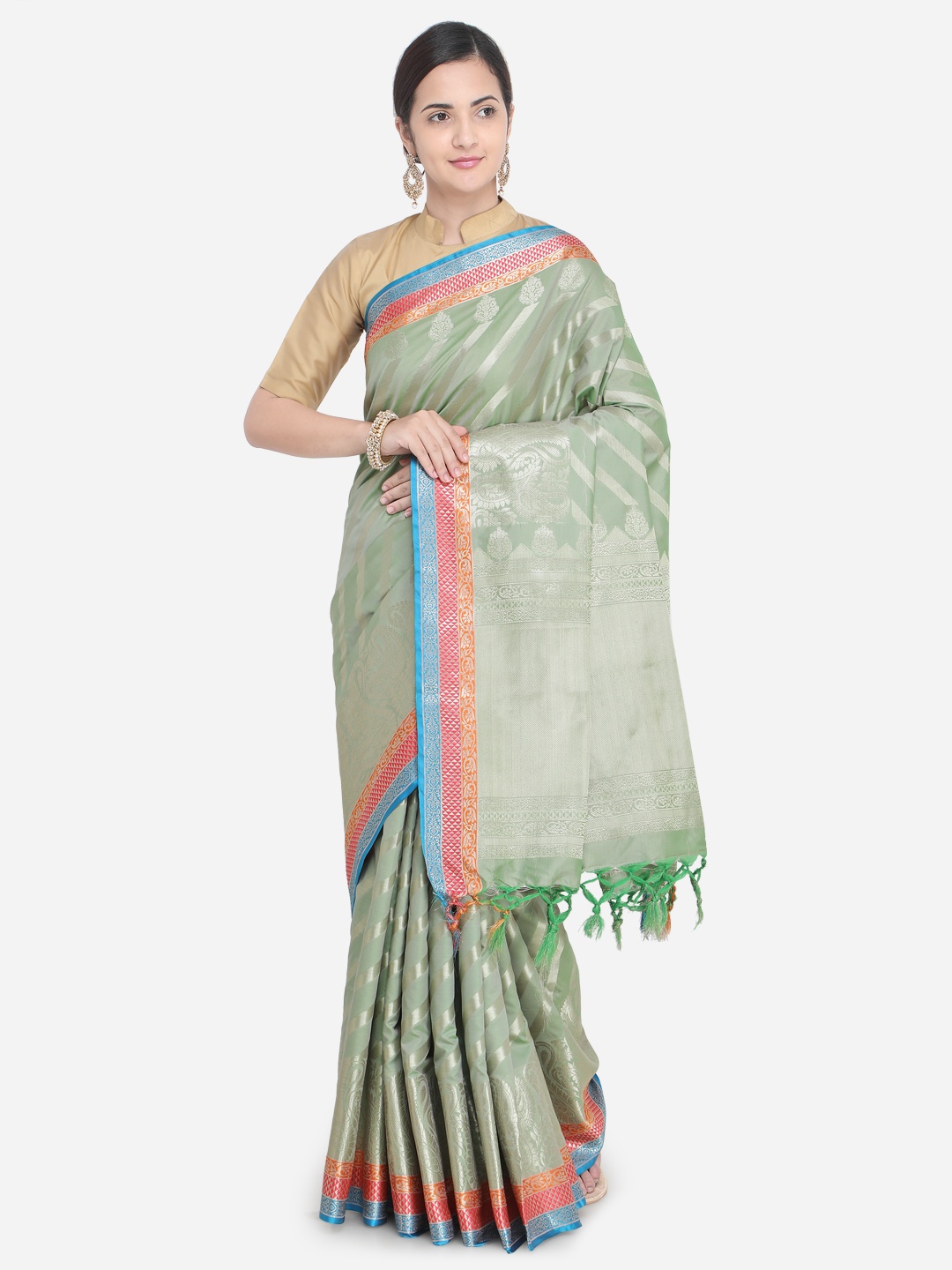 

Varkala Silk Sarees Green Silk Blend Woven Design Banarasi Saree