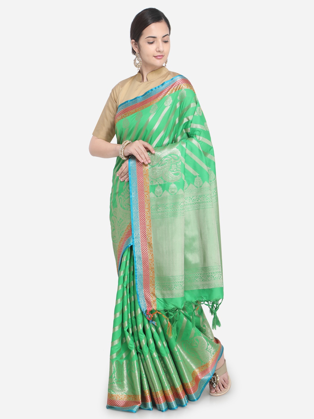 

Varkala Silk Sarees Green Silk Blend Woven Design Banarasi Saree