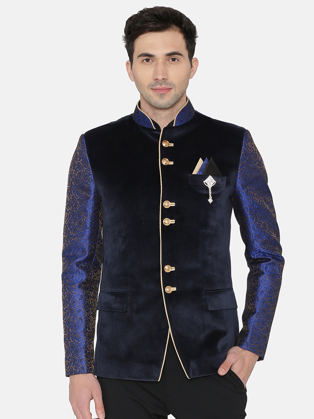 

Wintage Men Navy Blue Velvet Bandhgala Blazer