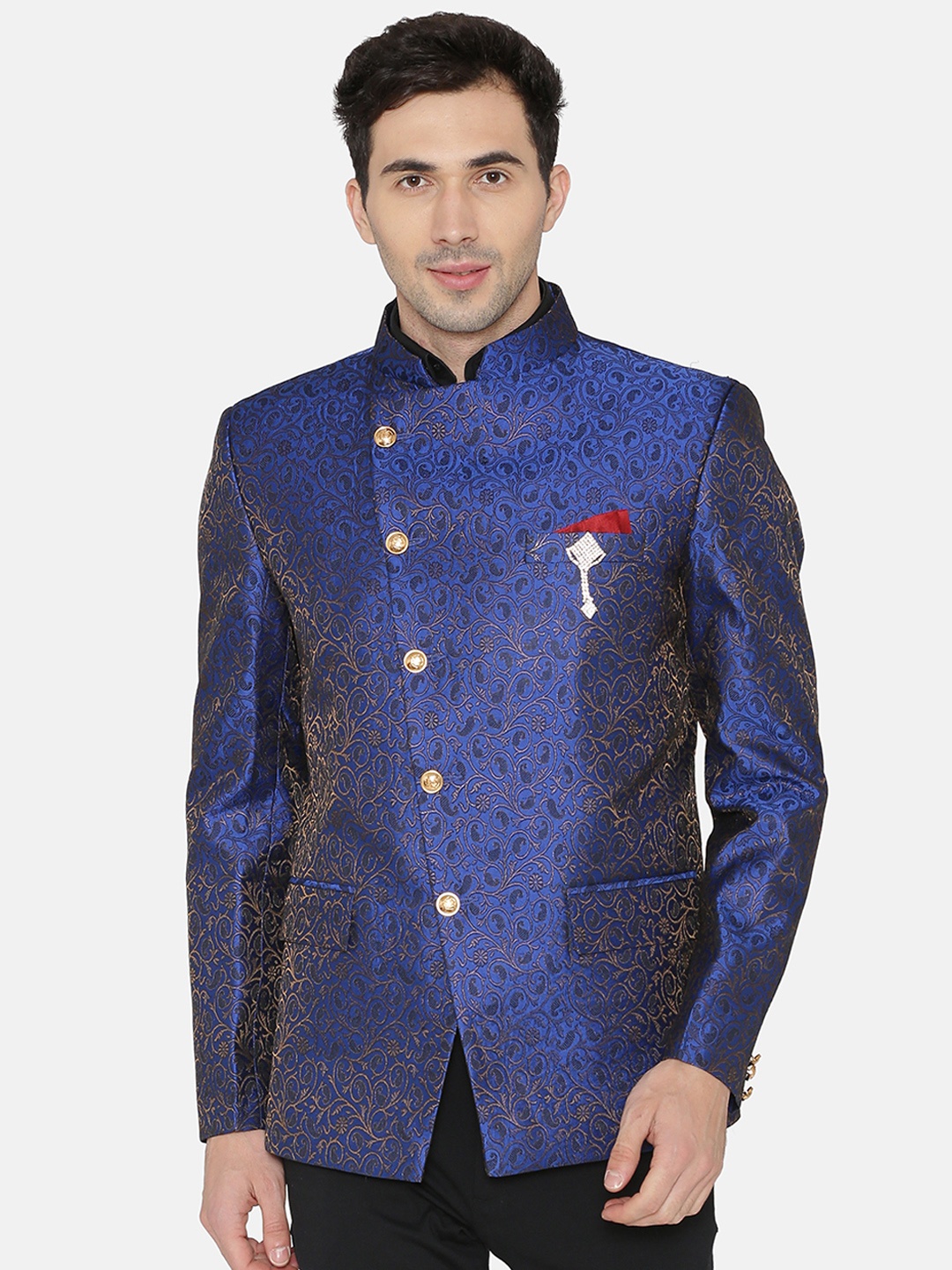 

Wintage Men Blue Self Design Tailored Fit Single-Breasted Ethnic Bandhgala Blazer