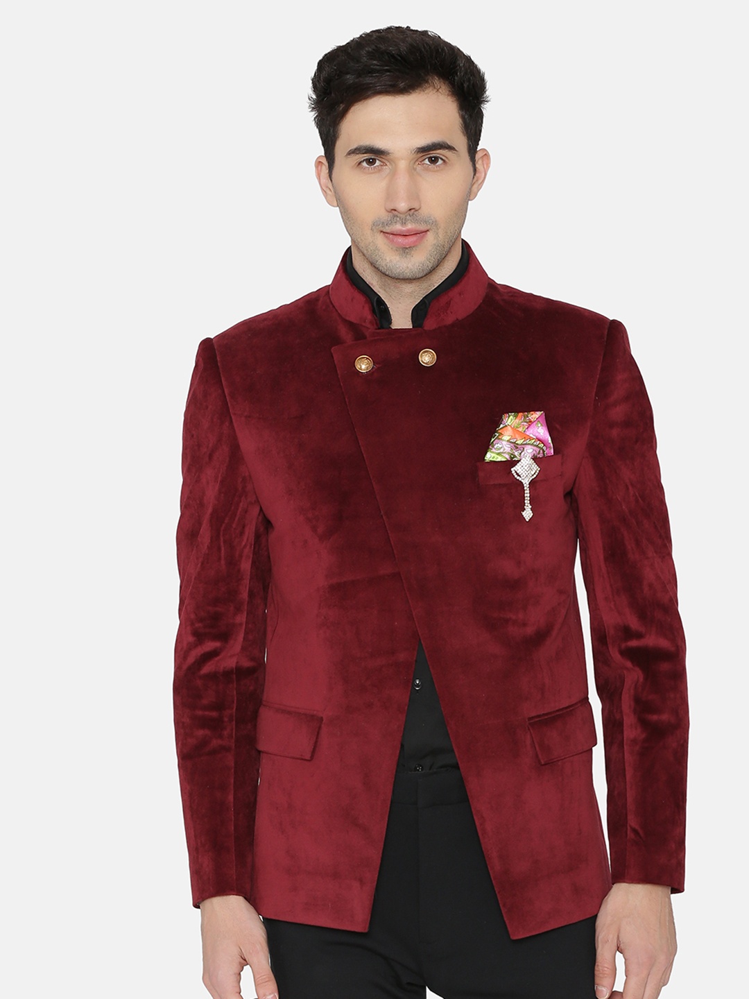 

Wintage Men Maroon Single-Breasted Velvet Blazer
