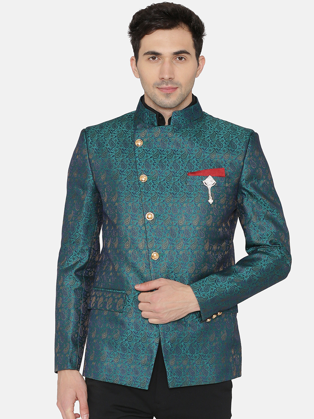 

Wintage Green Banarasi Self-Design Tailored Fit Bandhgala Blazer