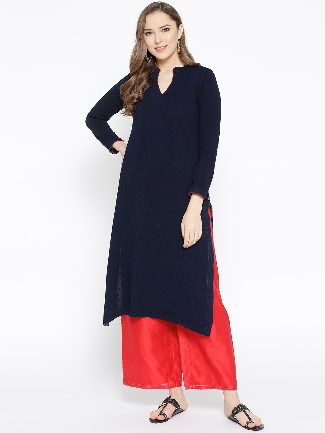 

Biba Women Navy Blue Solid Straight Kurta