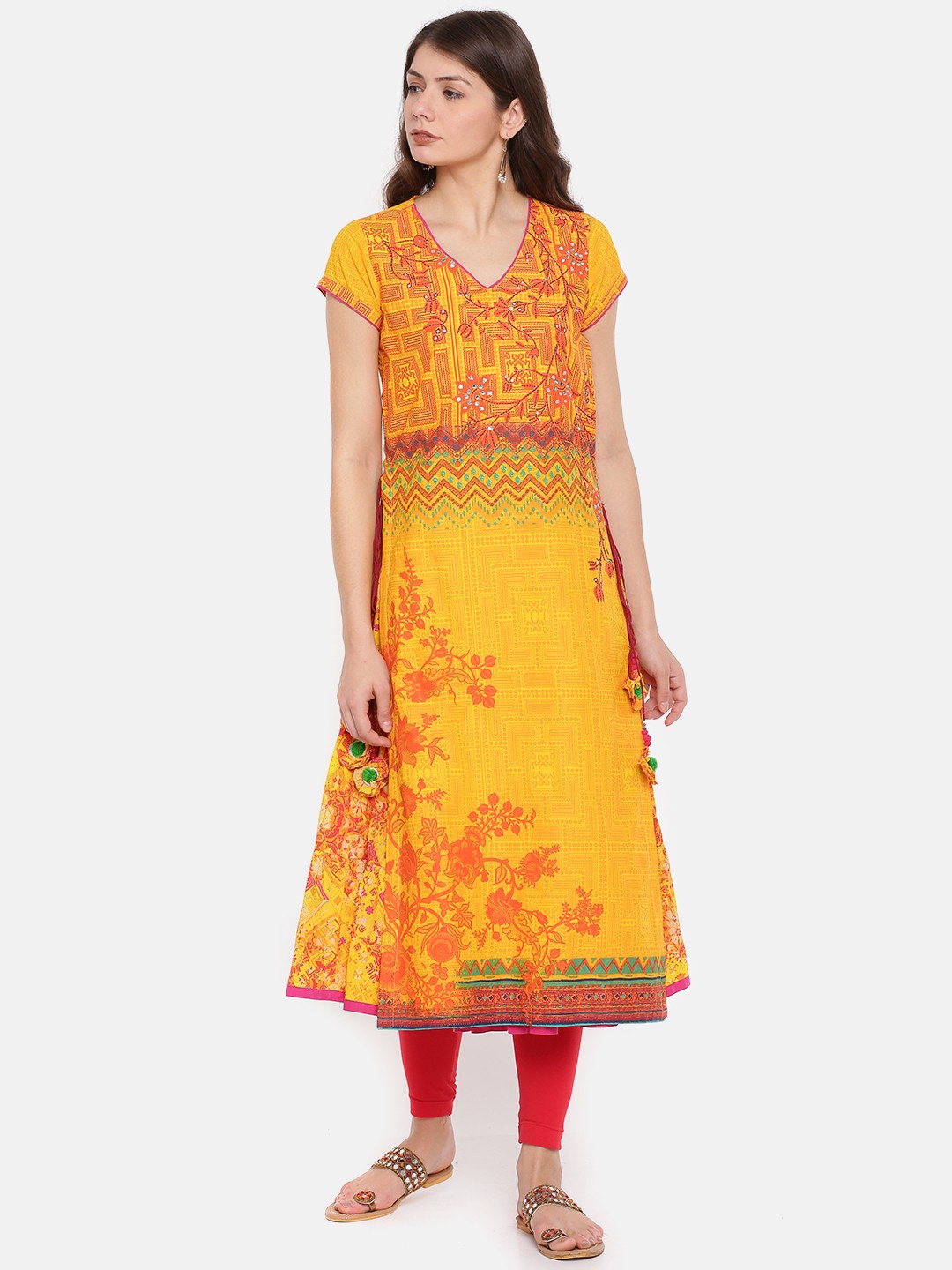 

Biba Women Yellow & Orange Printed Layered A-Line Kurta