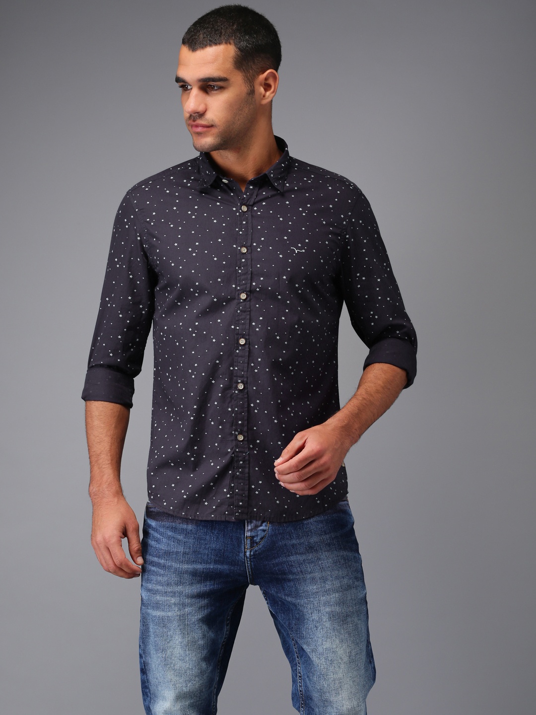 

Flying Machine Men Navy Blue Manhattan Regular Fit Printed Casual Shirt