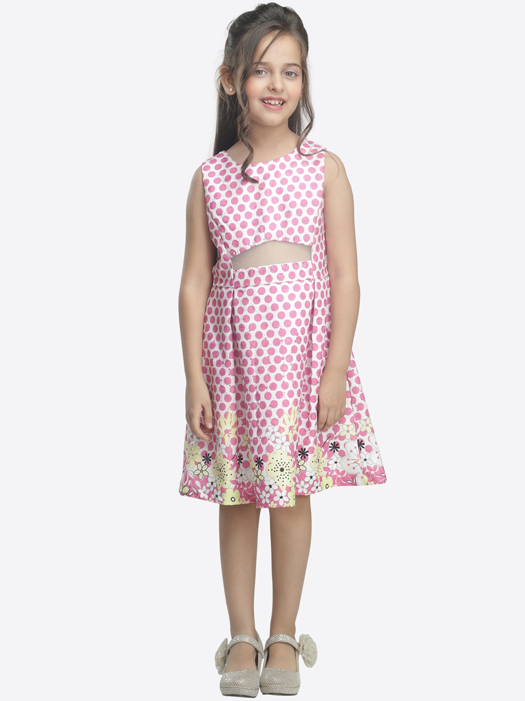 

CUTECUMBER Girls White & Pink Printed Fit and Flare Dress