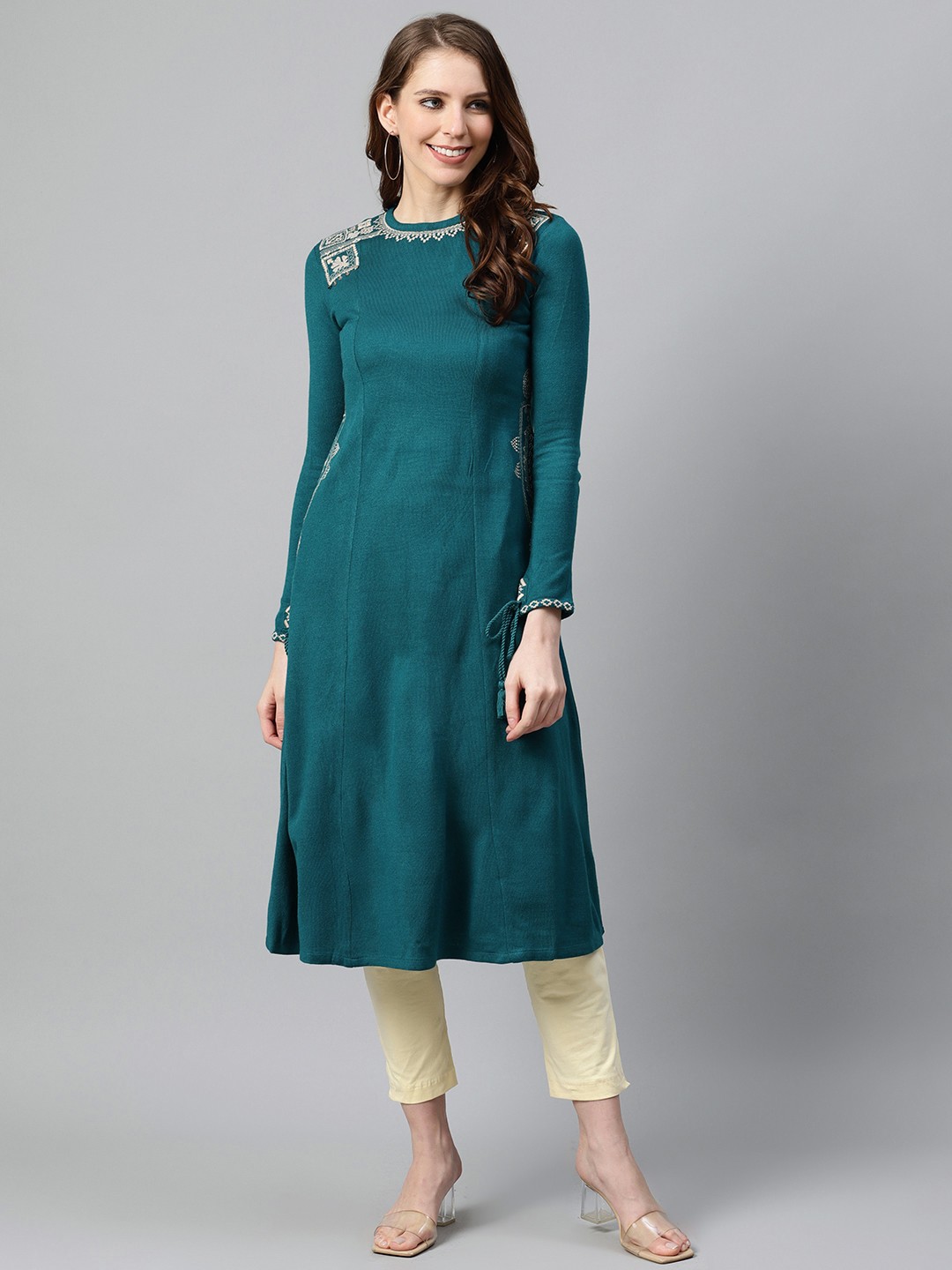 

W Women Teal Blue Geometric Embroidered Winter Kurta