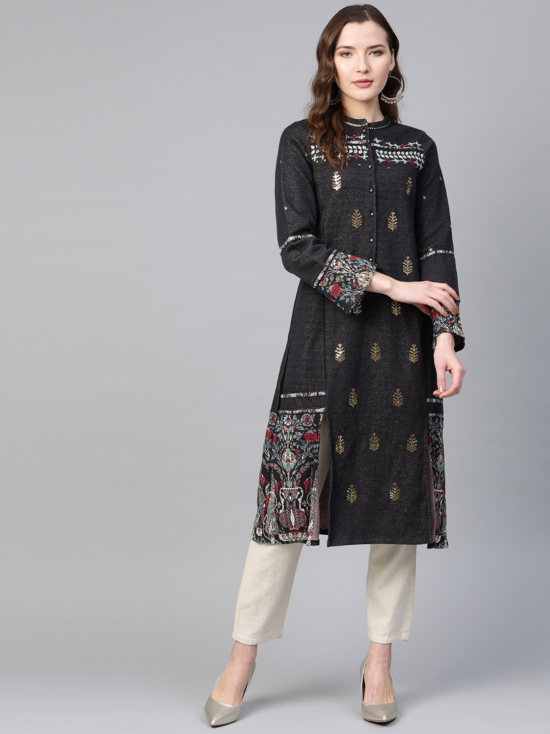 

W Women Charcoal Grey Embroidered Winter Straight Kurta