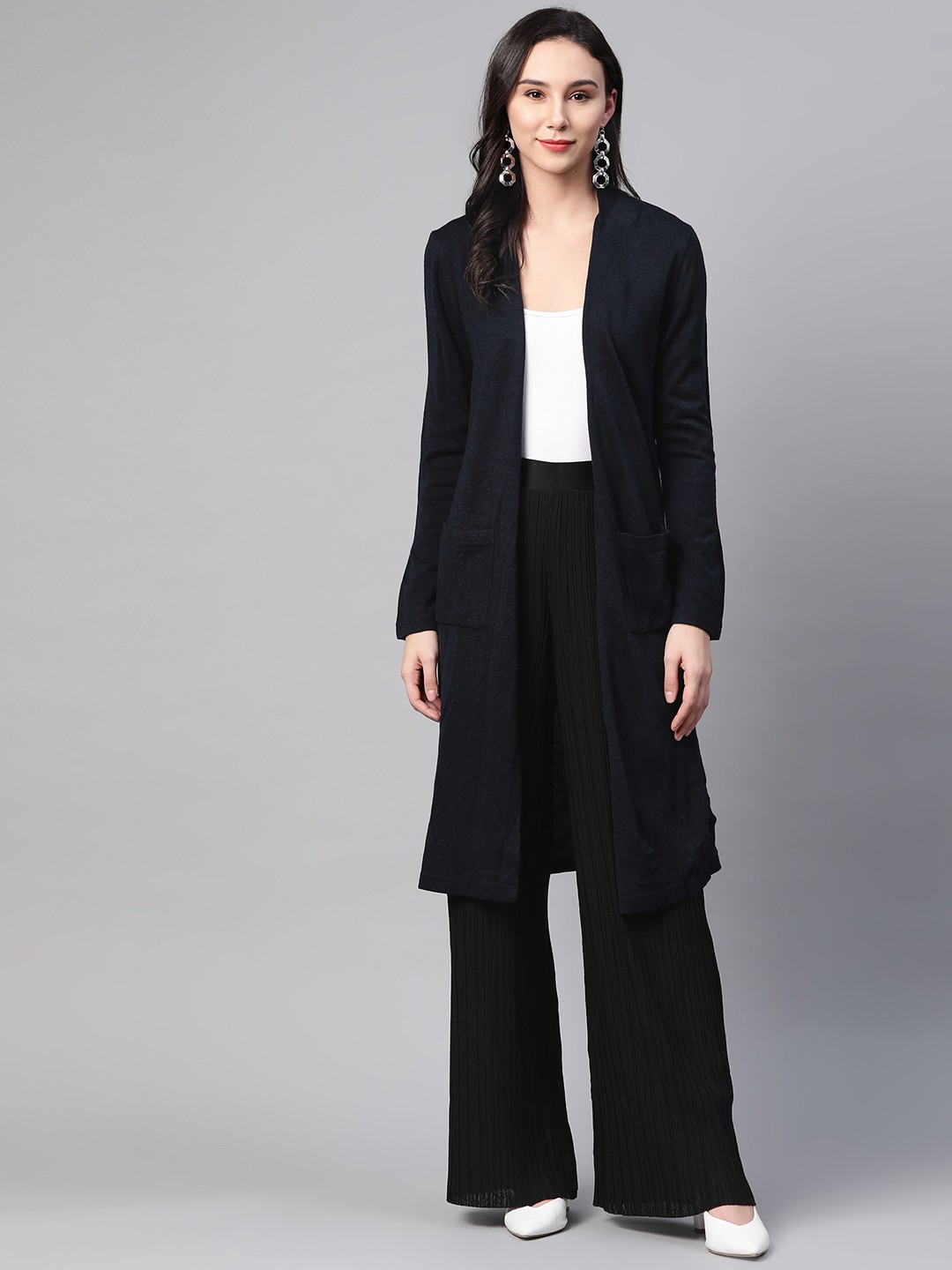 

W Women Navy Blue Solid Front-Open Longline Sweater