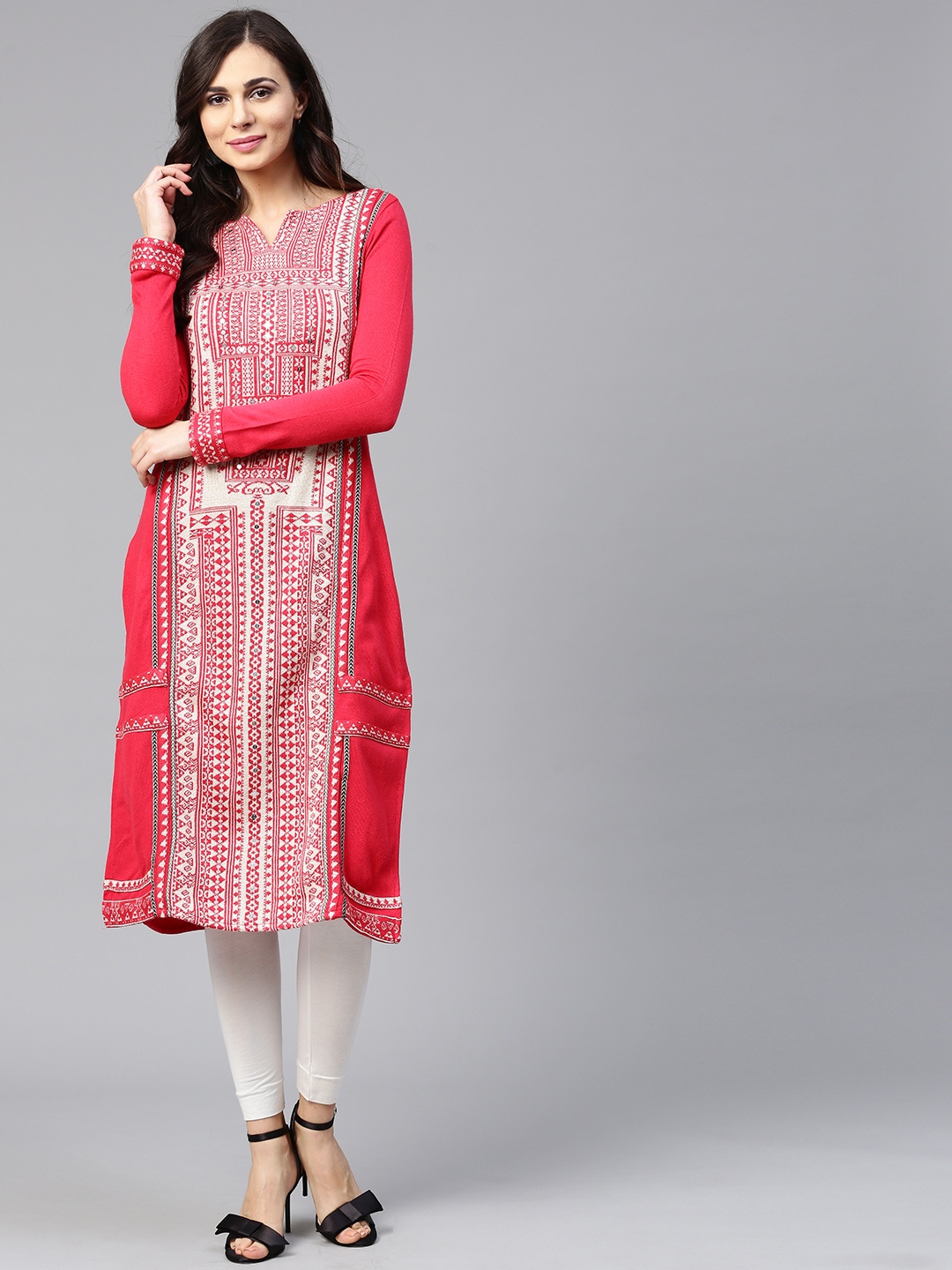 

W Women Pink & Off-White Woven Design Straight Winter Kurta