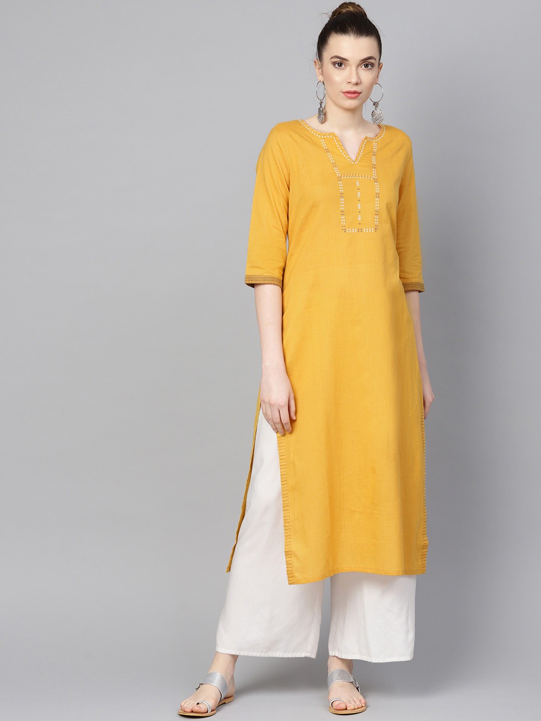 

W Women Mustard Yellow Yoke Design Straight Kurta