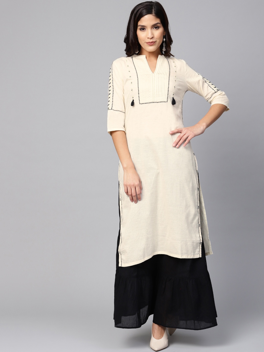

W Women Straight Cotton Kurta, Cream