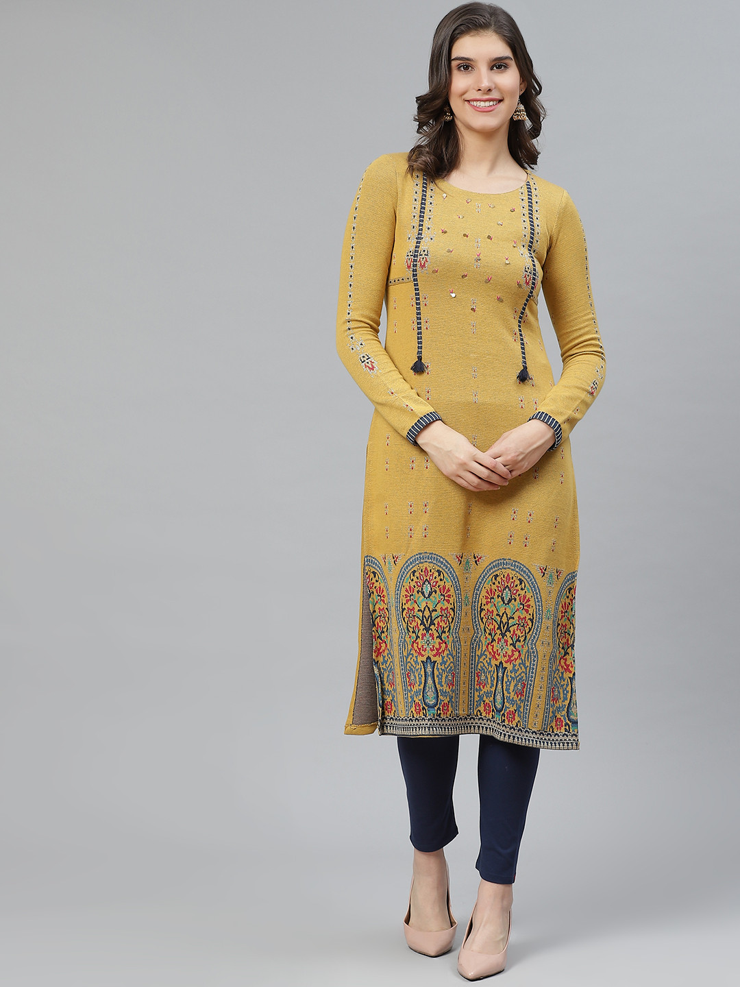 

W Women Yellow & Navy Blue Woven Design Embellished Straight Kurta