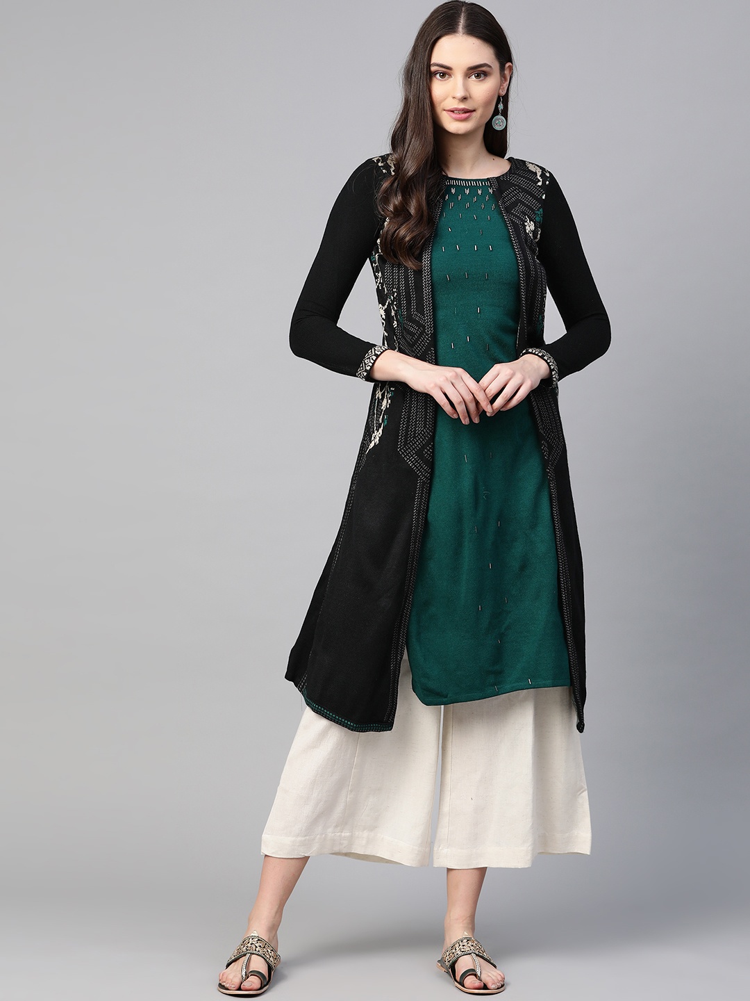 

W Women Green & Black Ethnic Motifs Print Knitted Layered Winter Kurta