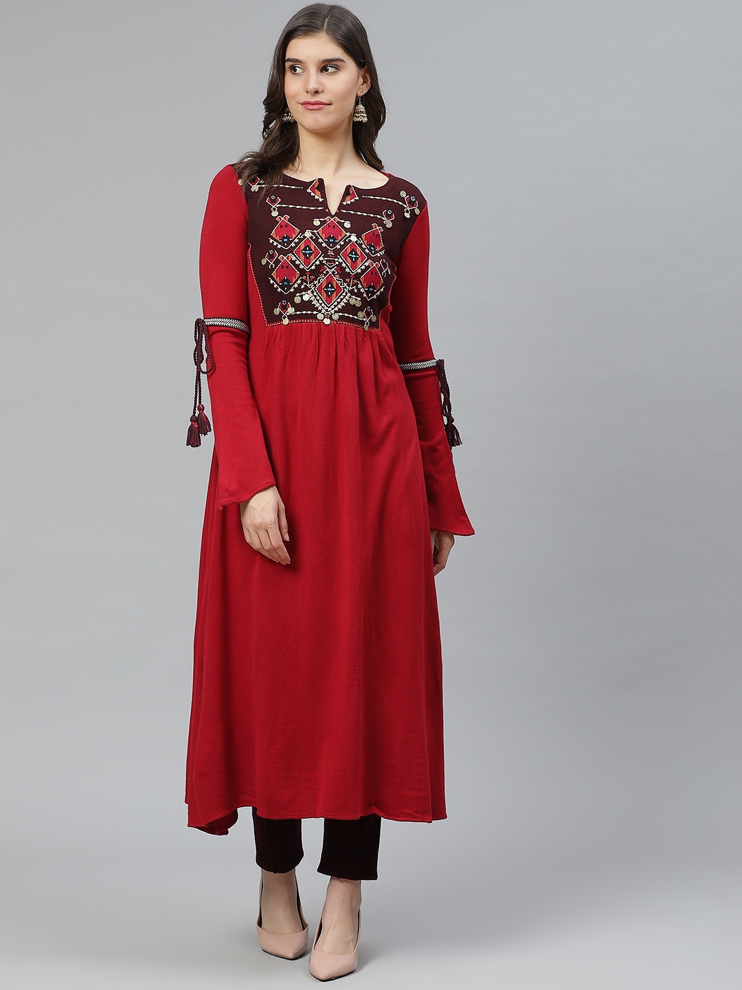 

W Women Maroon Ethnic Motifs Yoke Design Bell Sleeves Thread Work A-Line Kurta