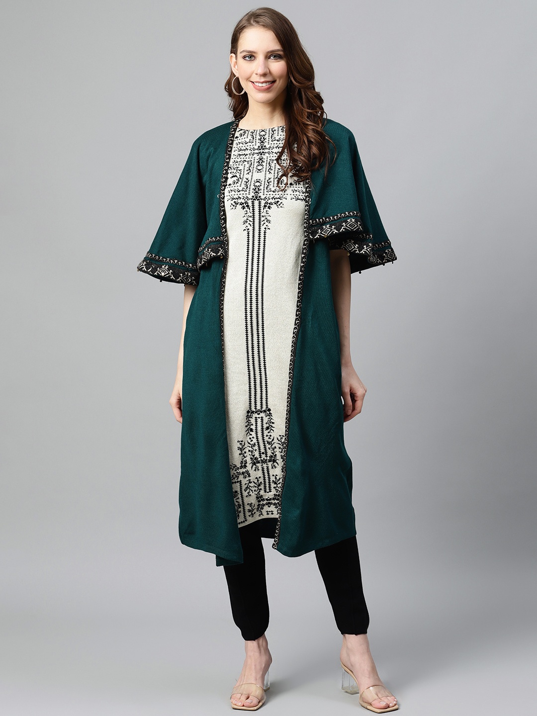 

W Women Teal Green & White Ethnic Motifs Printed Flared Sleeves Kurta
