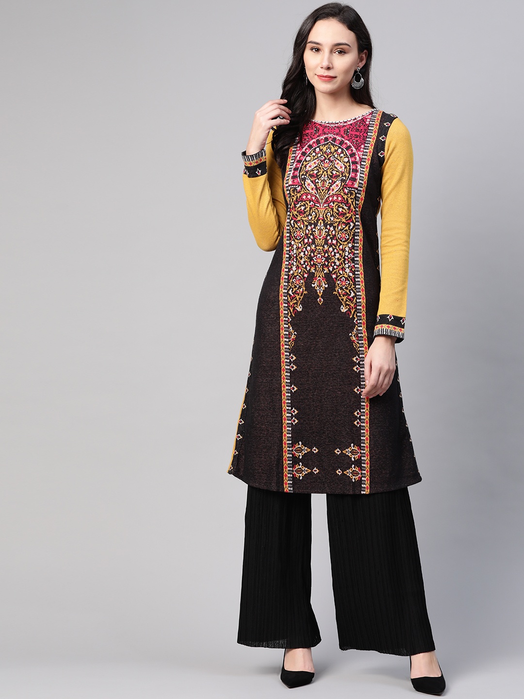 

W Women Black & Yellow Woven Design A-Line Winter Kurta