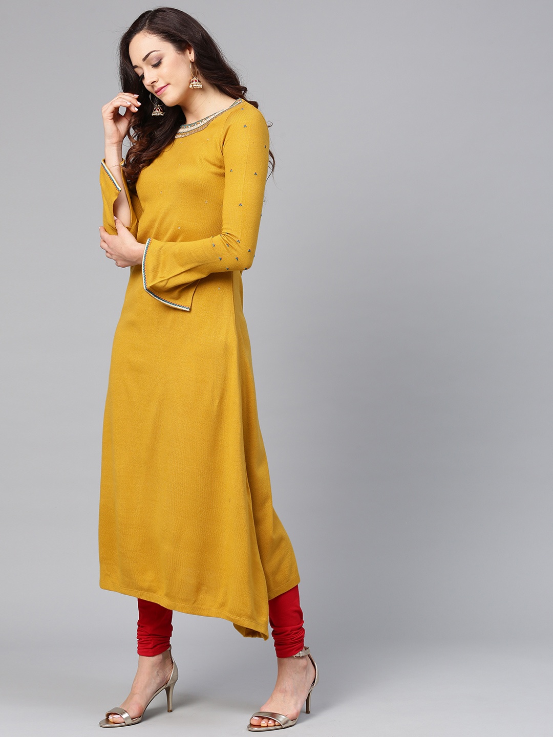 

W Women Mustard Yellow Solid A-Line Winter Kurta