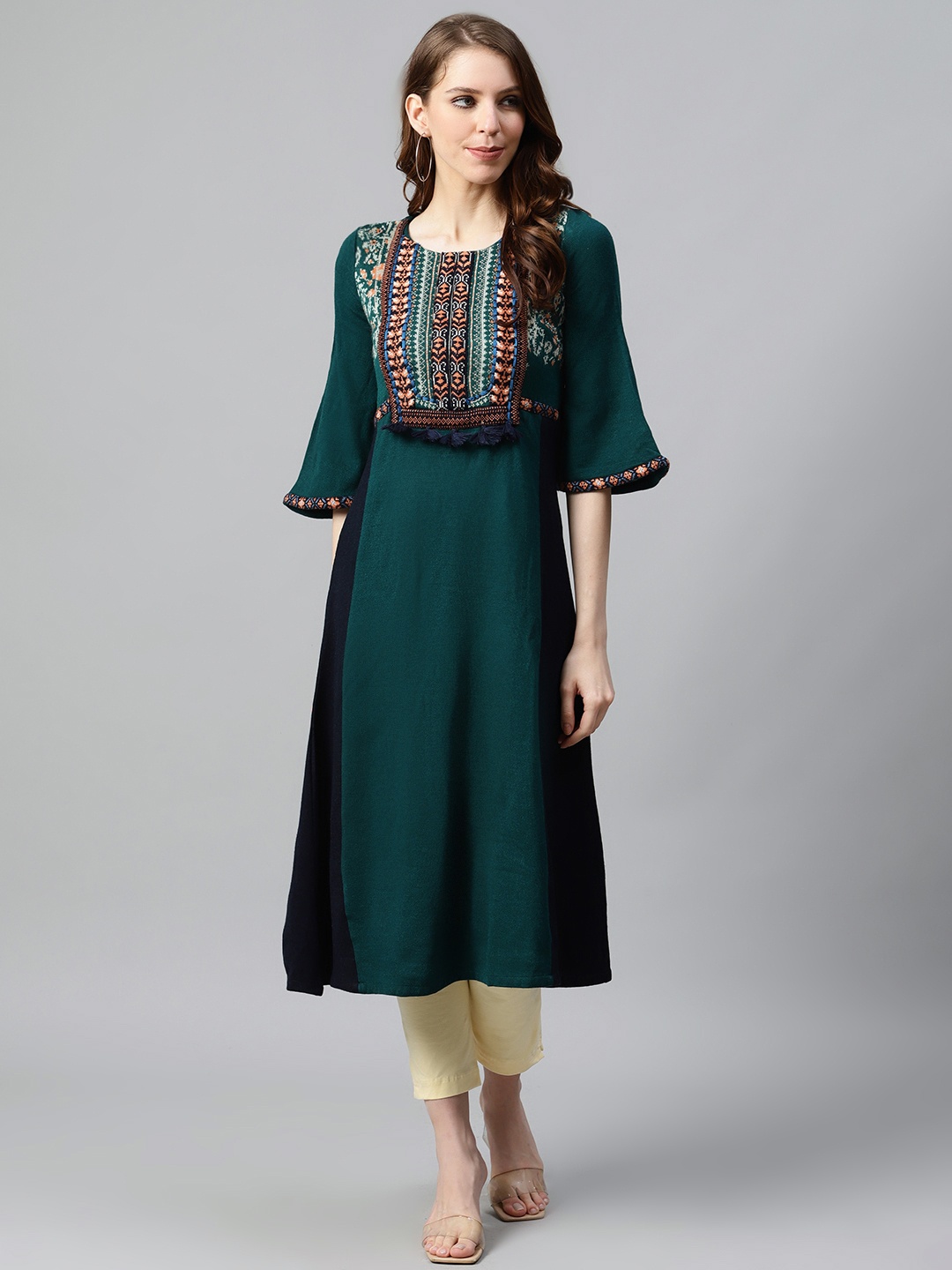 

W Women Teal Green & Navy Blue Geometric Embroidered Flared Sleeves Kurta
