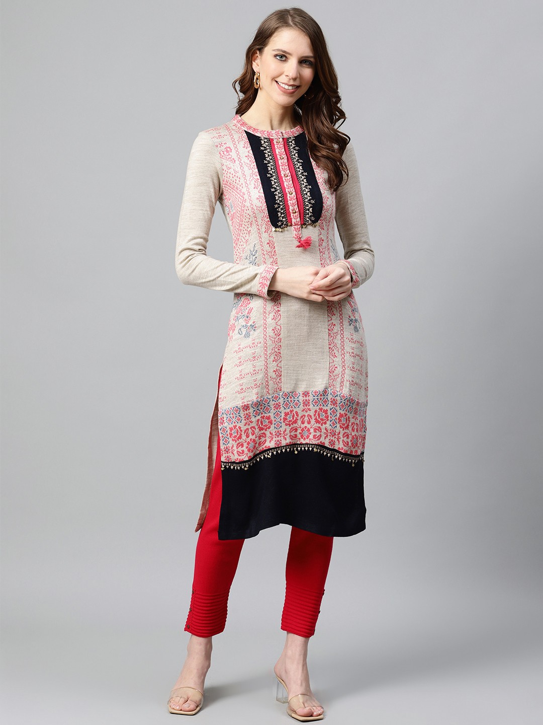 

W Women Beige & Pink Geometric Printed Kurta