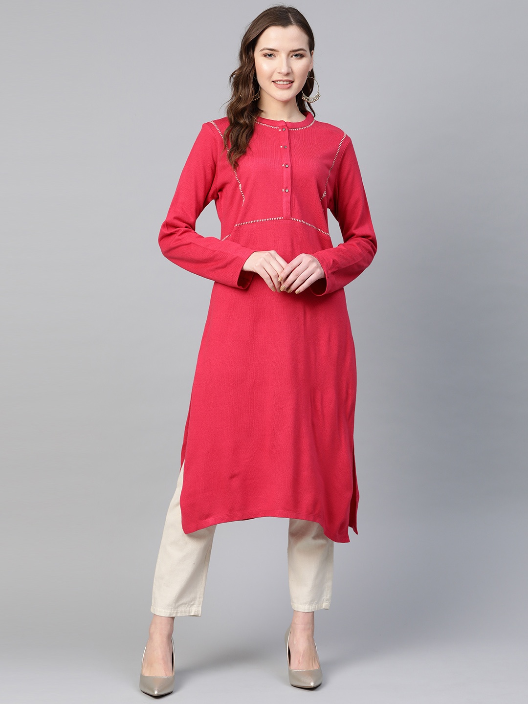 

W Women Pink Solid Winter Straight Kurta