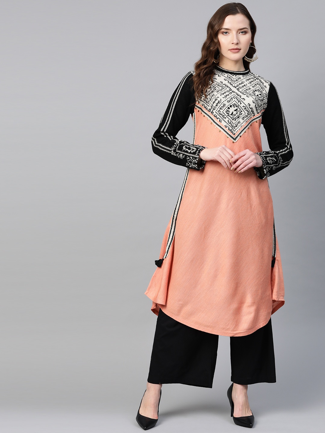 

W Women Orange & Off-White Yoke Design Winter A-Line Kurta