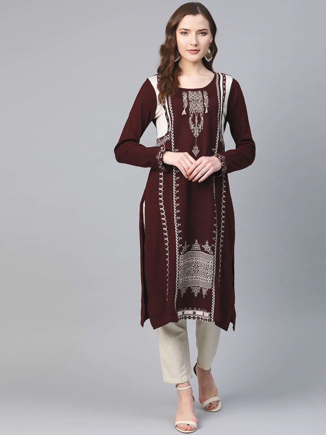 

W Women Burgundy & Off-White Woven Design Straight Winter Kurta